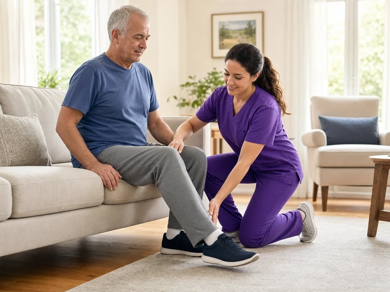 A physical therapist in purple scrubs guides an older man's knee range-of-motion exercise while he sits on a couch at home.