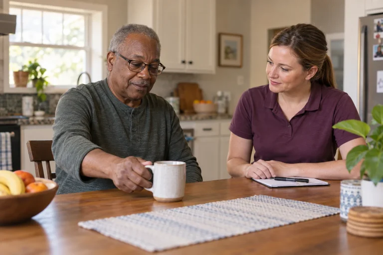 A therapist observes an older man handling a mug during an everyday kitchen task at home.