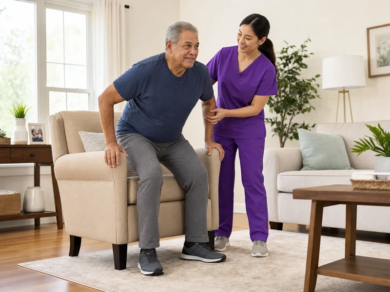 A physical therapist in purple scrubs helps an older man practice standing up from an armchair during rehabilitation at home.