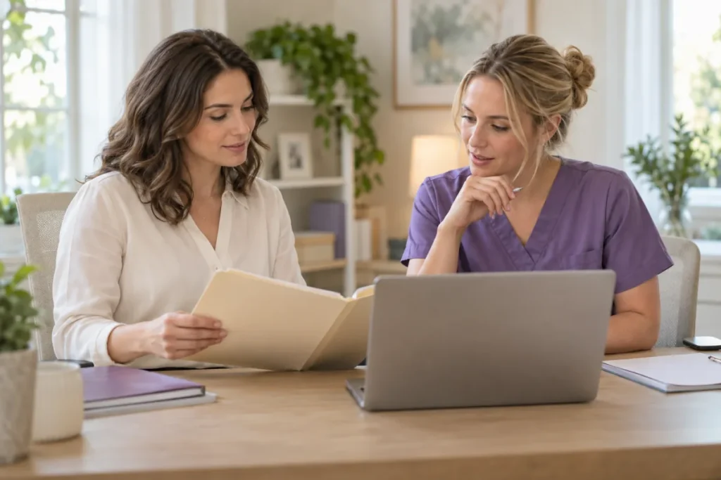 Home health intake coordinator and physical therapist reviewing referral documents