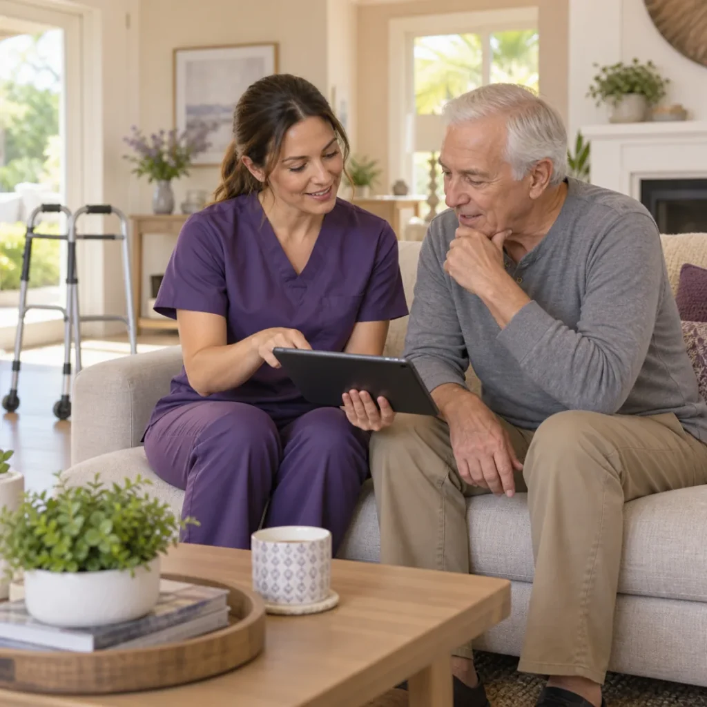 Physical therapist reviewing a home rehabilitation plan with an older man.