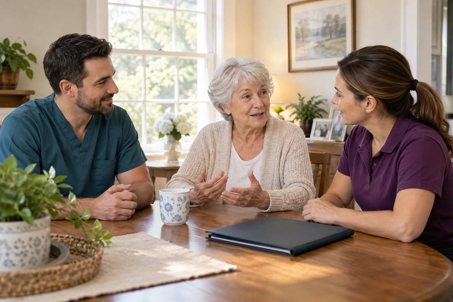A nurse and physical therapist discuss a home care plan with an older woman seated at her dining table.
