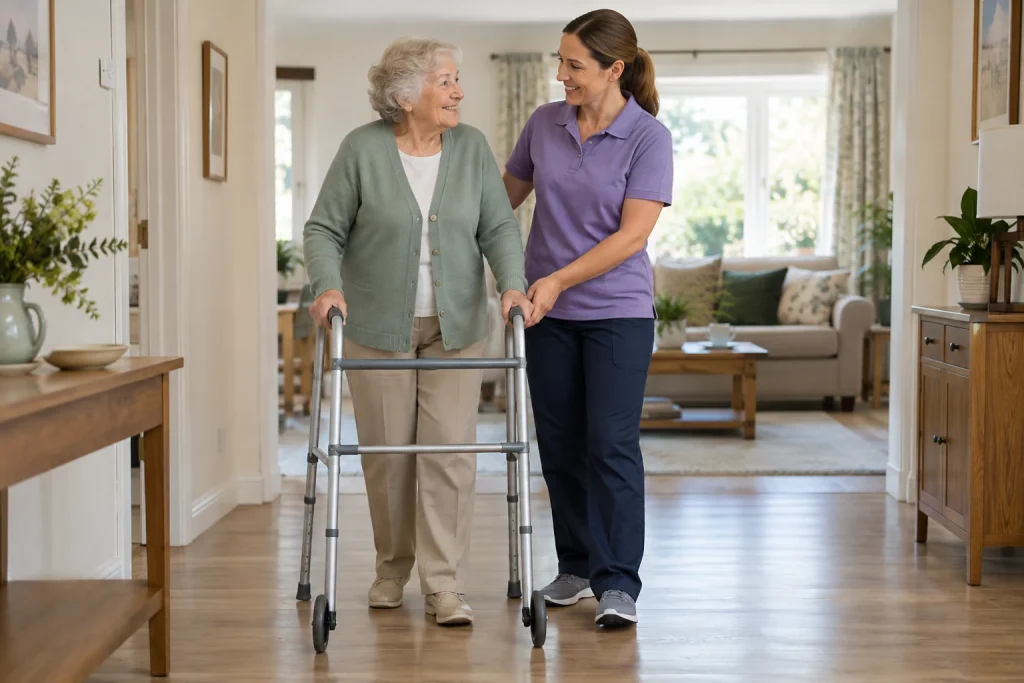 A physical therapist supervises an older woman using a two-wheeled walker along a clear indoor route.